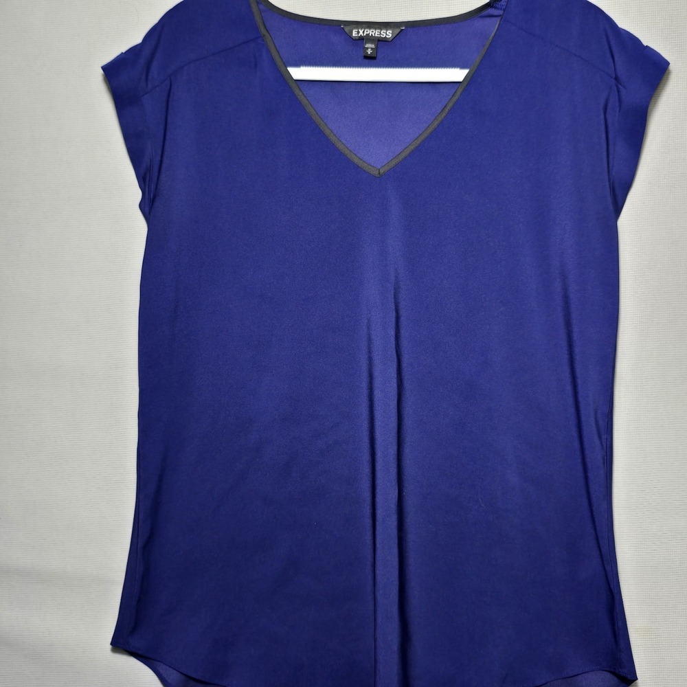 Express - Women's‎ L Blouse Royal Blue with Black Trim V Neck Short Cuff Sleeve